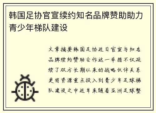 韩国足协官宣续约知名品牌赞助助力青少年梯队建设